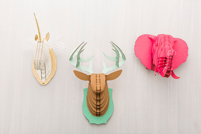 3-D cardboard animal heads is a cute way to add some color and fun to your walls.