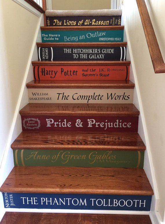 Turn your staircase into a book case by painting book spines on your steps.