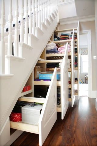 use the space under your stairs for organization