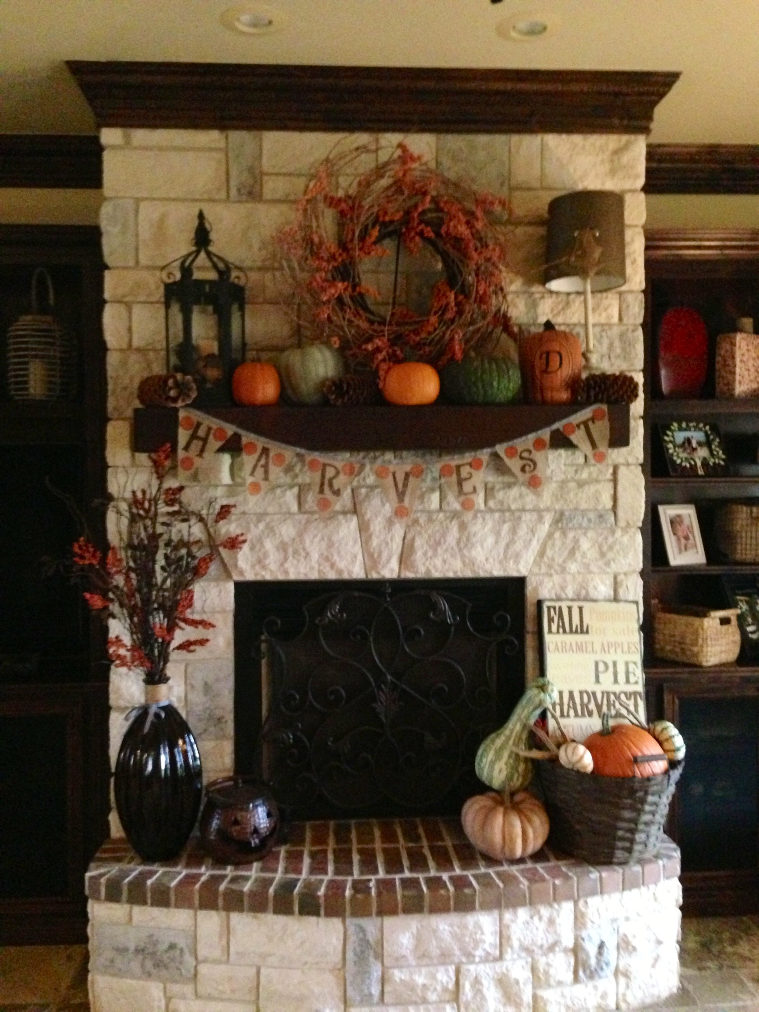 Fall decor on a fireplace mantel. No better way to celebrate the season than with DIT home interior decorations.