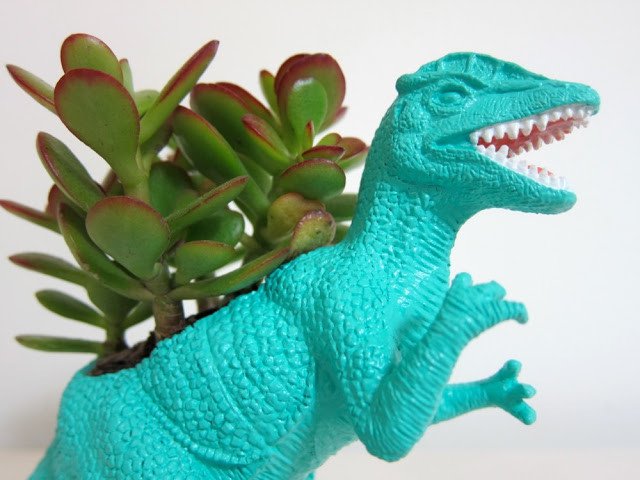 use a hollow dinosaur to make a succulent planter