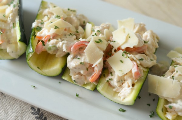 spring inspired chicken salad stuffed zucchini boats