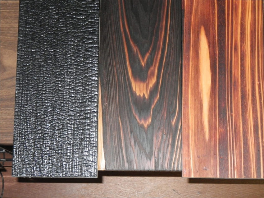 Different types of burned wood flooring.