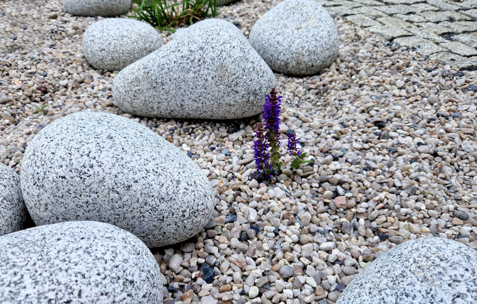 Image of an ornamental flowerbed with perennials and gray granite boulders, mulched with pebbles.