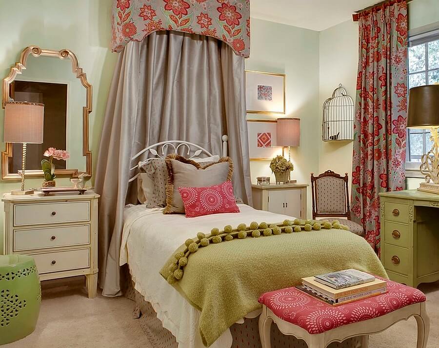 This lovely girl's bedroom is uniquely colored and decorated