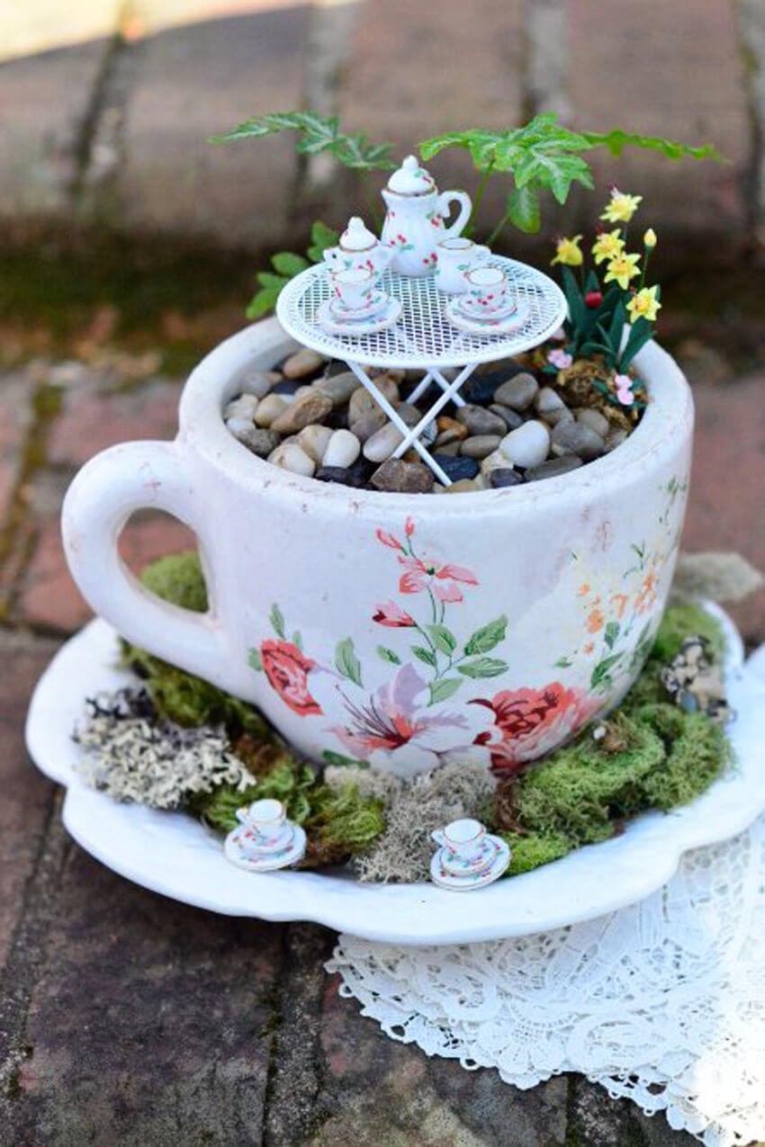 If you don't have a lot of space in your yard, try a teacup fairy garden!
