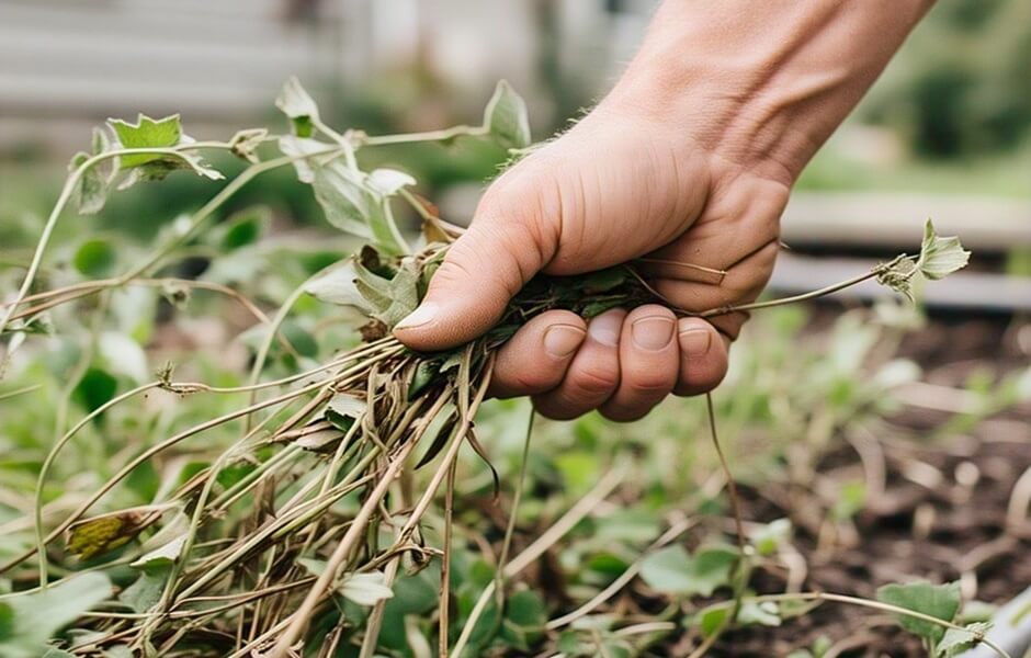 Person's hand holding weeds. Earthy backyard in the background.