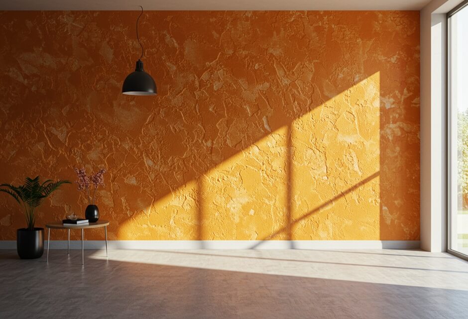 Image of a modern interior space with orange wall, soft lighting and plants.