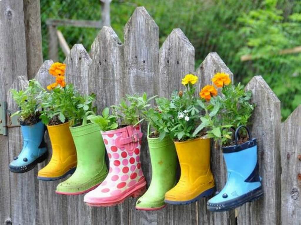 A hanging boot garden for the backyard landscaping
