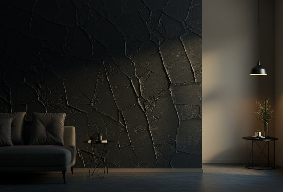 Image of a room with dark walls and striking texture, minimalist decor, cozy sofa and soft lighting.