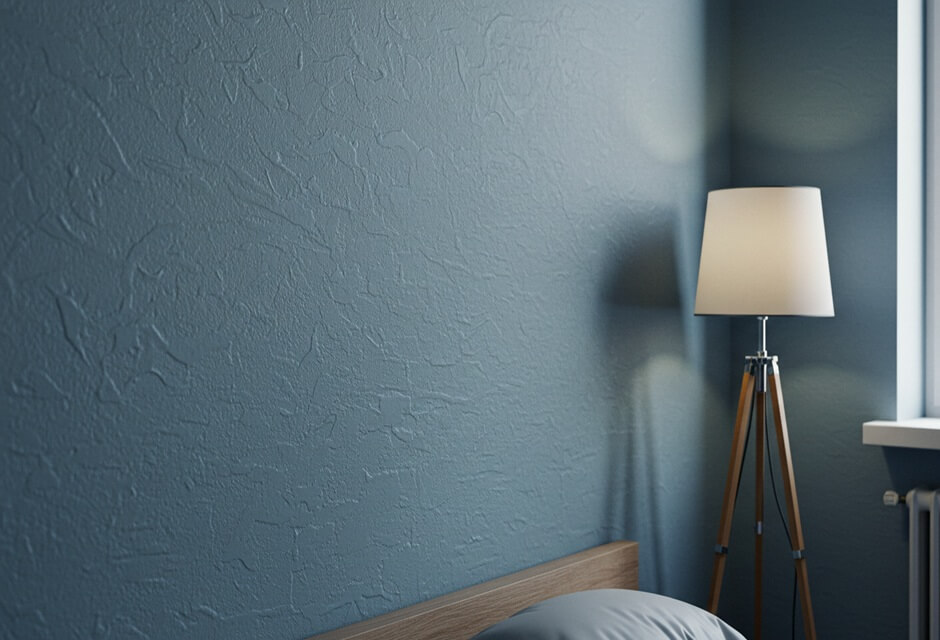 Image of a bedroom with a blue wall and a lampshade. The decor is modern and minimalist, creating a cozy and elegant atmosphere.
