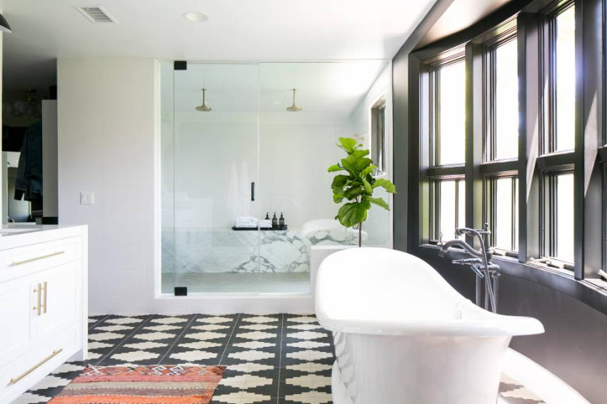 Geometric flooring looks great for the bathroom too. Source: 87 Designs